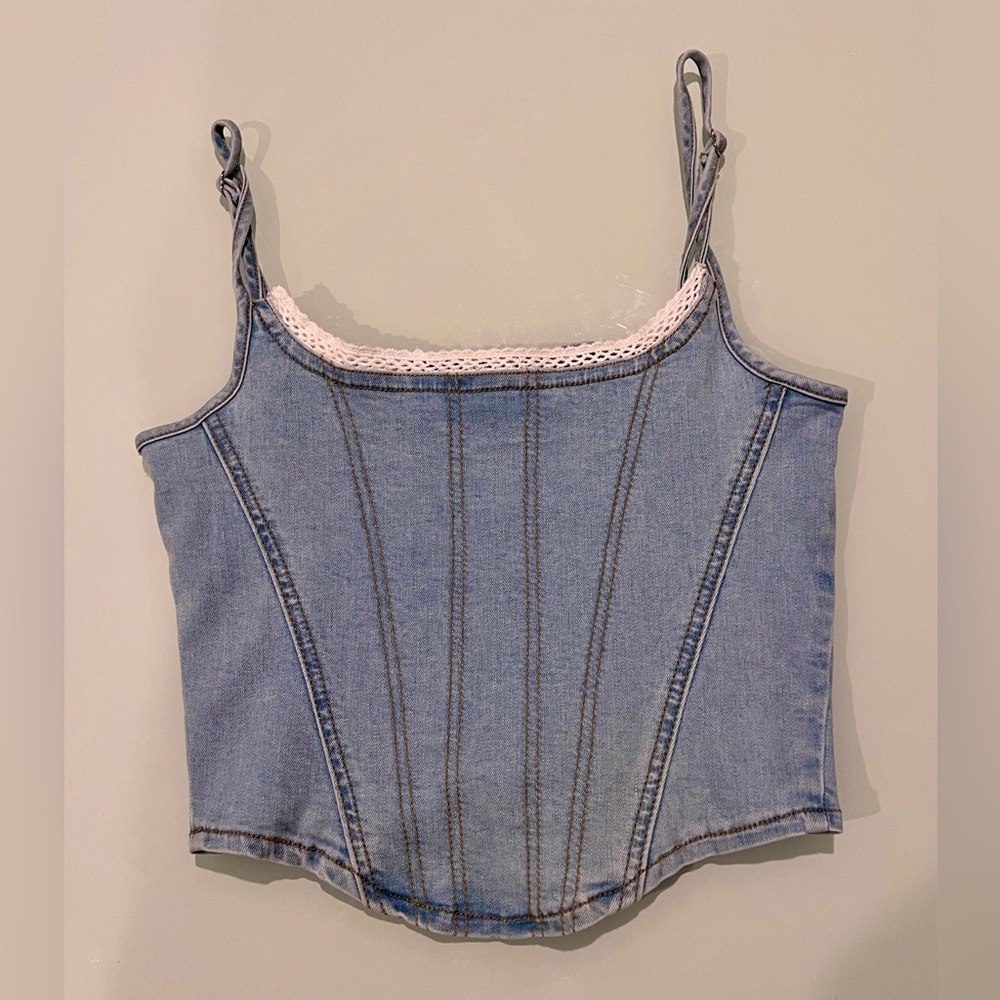 jean / denim crop top with white lace trim